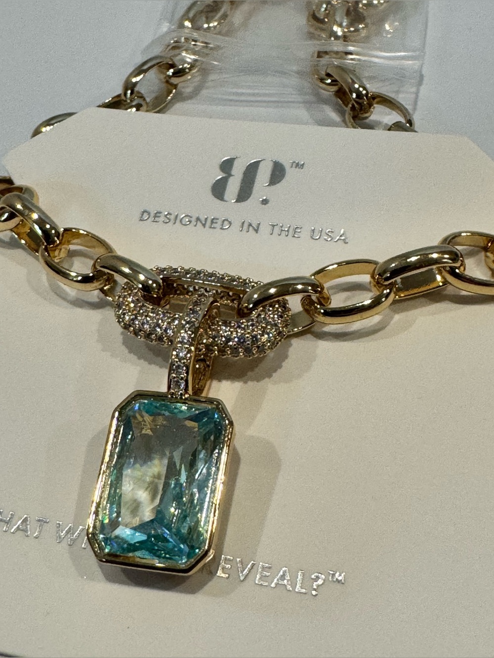 Bomb Party BP “If Only For a Moment” Necklace March 2025; Aquamarine, Gold-tone